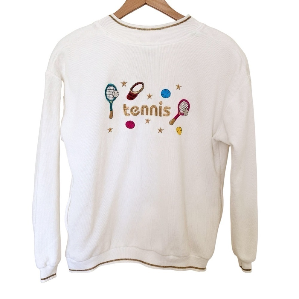 Vintage Jacket Embroidered Tennis White Gold Retro Medium